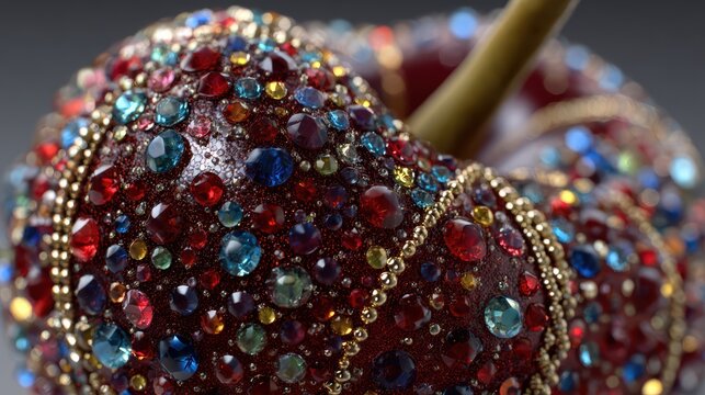 Cherry covered with multicolored Swarovski crystals, close-up luxury detail, realistic reflections, 8k