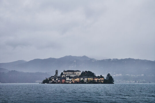 Isola San Giulio (Saint Julius Island), the only island located within Lake Orta in the Piedmont region of northwestern Italy, Europe 