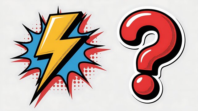 Set of colorful hand drawn pop art comic stickers including lightning bolt and question mark on a transparent background 