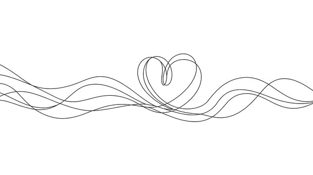 Set of continuous wavy line drawings with loops and a heart shape on a transparent background 