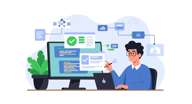 Programmer working on computer coding and data analysis.