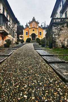 The Chiesa di Santa Maria Assunta (Church of Saint Mary of the Assumption), built in the 15th century, located in the town of Orta San Giulio in the Piedmont region of Italy, Europe 