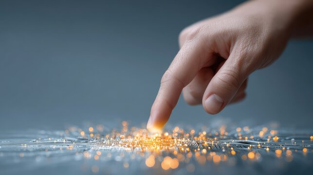 Human Finger Touching Abstract Digital Network With Glowing Particles Representing Technology, Connection, and Innovation in Modern Era