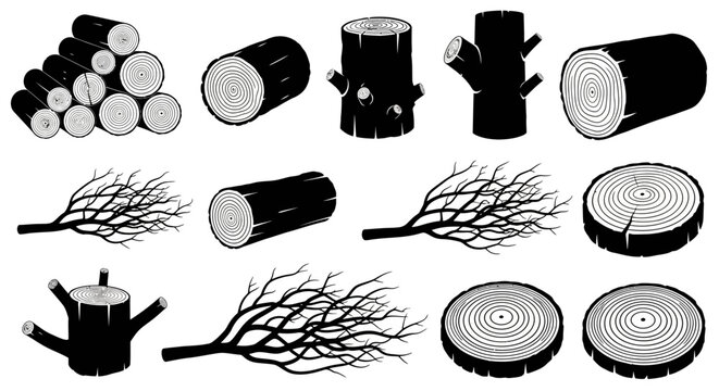 Wood logs and branches graphic elements