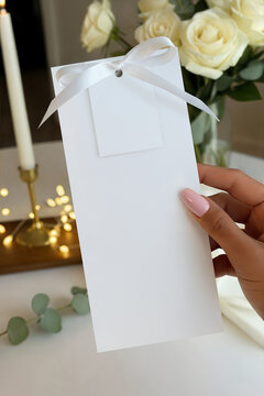 Aesthetic wedding mockup with blank 4x9 vertical card held by hand. Elegant display with white ribbon, roses and candle on blurred background. Luxury stationery template for menu or program