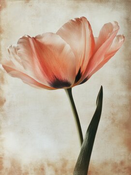 Graceful tulip blossom in soft light against an antique textured backdrop