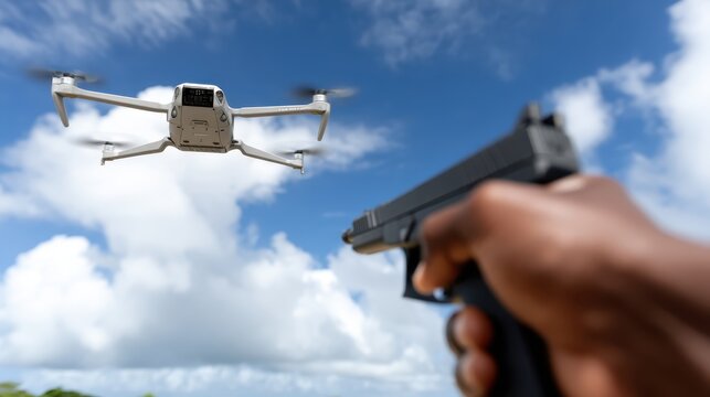 A hand aims a rifle at a drone flying in the sky. The scene shows action during target practice in clear weather