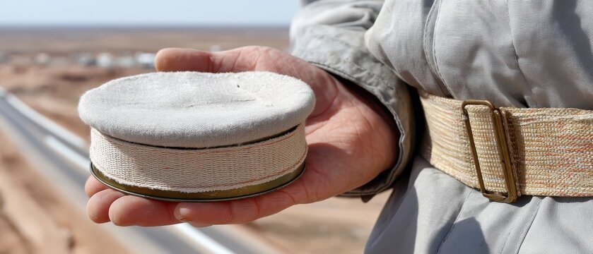 A hand grips an old army canteen as it stands on a dirt road surrounded by trees. A cloth sack hangs from the jacket neck