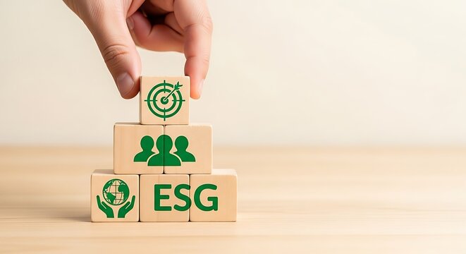 Hand placing block with target symbol on ESG foundation blocks stack