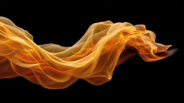 Abstract flow of orange and gold silky smoke pattern on black background evoking elegance, movement, and fluidity for artistic and design uses