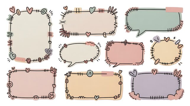 Set of mixed media paper collage text boxes and speech bubbles with cute hand drawn doodle outlines on a transparent background.
