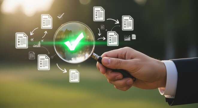 Businessman analyzing data with magnifying glass and green checkmark