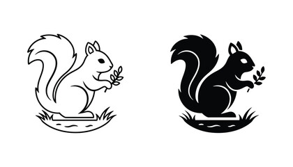Cute squirrel holding an acorn or leaf vector icon set in black and white for wildlife or forest themed graphic design projects © Delta