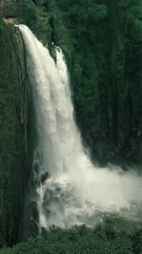 Powerful weinia Waterfall of Meghalaya Cascading Down Steep Rocky Cliff Face into Pool, Vertical View of Majestic Cascade Surfaced by Lush Green Forest