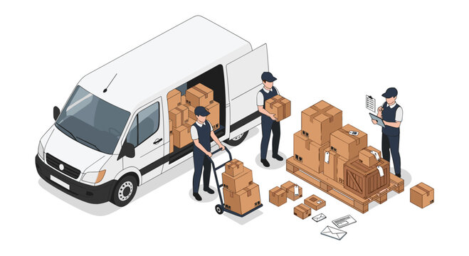 Delivery personnel in an isometric illustration are actively loading and organizing cardboard boxes onto a pallet next to an open-door white van.