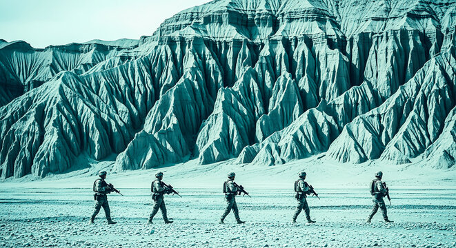Green toned soldiers walking in front of rocky mountain