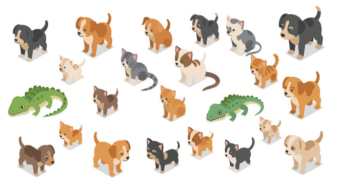 A variety of cartoon dogs, cats, and crocodiles are playfully arranged in a chaotic isometric illustration on a plain white background.