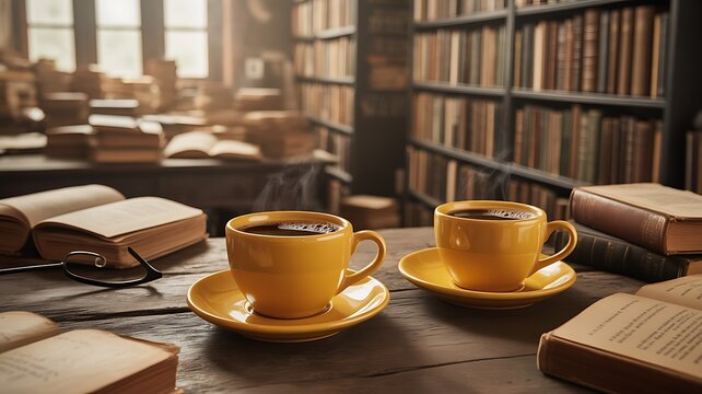 Two yellow cups of coffee or tea on table in a bookshop in vintage style.