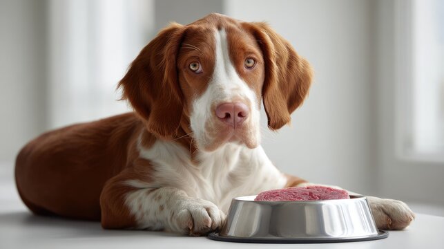 Adorable dog eagerly waiting for meal in modern kitchen with food bowl featuring fresh meat on table under natural light from large windows