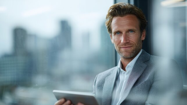 Financial strategist analyzes data by large office window in city view