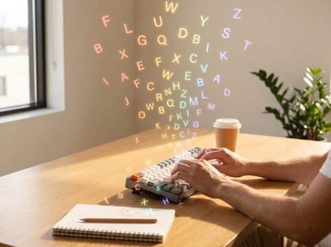 Creative AI concept: Person (Homo sapiens) typing, glowing alphabet letters, digital writing, software coding, artificial intelligence, and modern office communication.