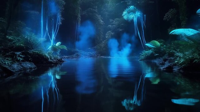 Obsidian River Mirror. Fantasy-Oriented Jungle (Mythical Mood, Subtle Surrealism). Otherworldly. River with water as black and smooth as obsidian, perfectly reflecting the glowing blue flora above
