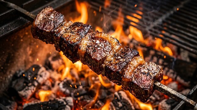 picanha steak cubes grilling on skewer over open fire