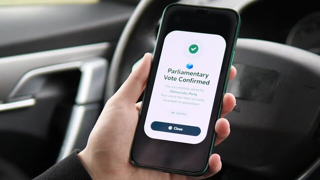 Future of democracy: a user casts a secure parliamentary vote via a mobile app. High-quality sequence shows party selection and instant confirmation. Ideal for tech, politics, and e-governance