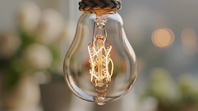 Vintage Edison light bulb glowing with warm filament light in a room