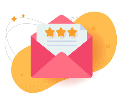 Reviews feedback email icon, customer rating stars mail envelope concept sign symbol vector modern illustration graphic, testimonial satisfaction survey message image clip art