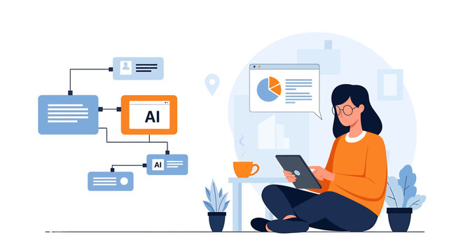Woman working on laptop with AI flowchart and data analysis.
