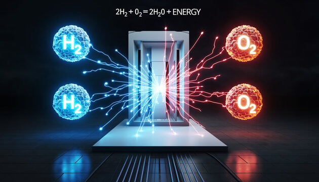 Educational visualization of hydrogen fuel cell reaction with chemical equation showing energy production process