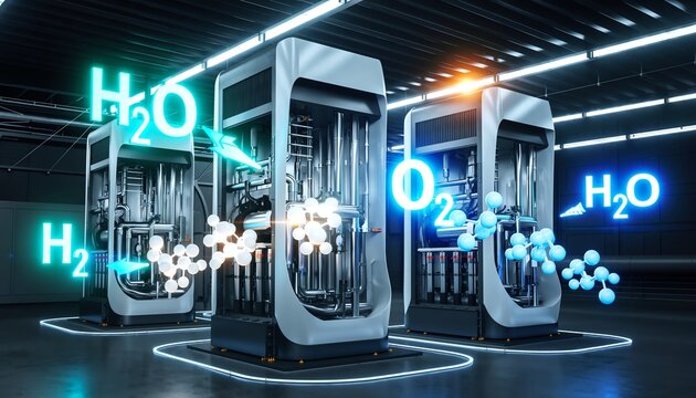 Complex industrial hydrogen energy cycle visualization with $H_2O$ electrolysis and $H_2$ fuel cell process in a futuristic facility