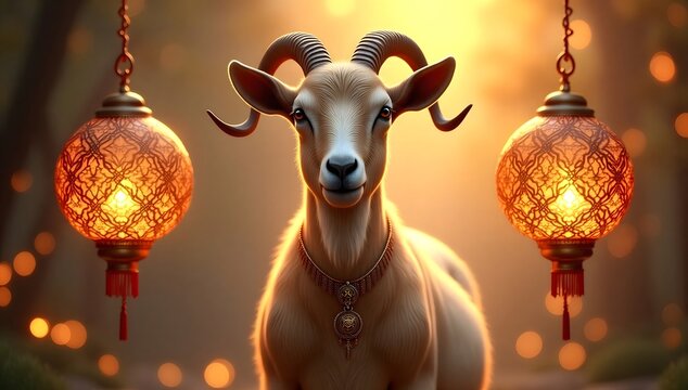Warm Golden Hour Portrait of a Majestic Goat Wearing a Decorative Necklace Between Two Ornate Hanging Lanterns