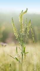 Fototapeta premium A single stalk of white sweet clover flowering in a field.