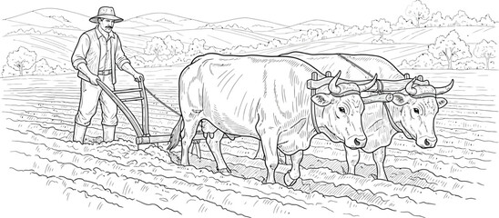 Obraz premium Farmer plowing field with two oxen, rural landscape background
