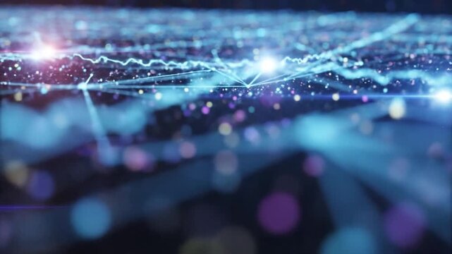 Abstract digital network connections with glowing lights and nodes.