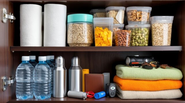 A cabinet holds an emergency kit with food, water, blankets, and tools arranged on four shelves for easy access