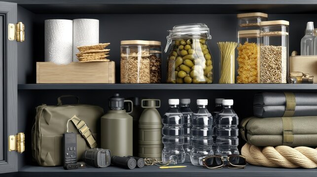 A cabinet holds an emergency kit with food, water, blankets, and tools arranged on four shelves for easy access