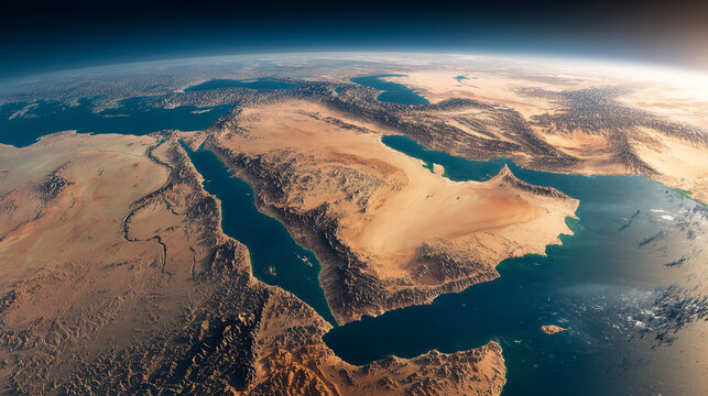 Aerial view of the middle east and north africa from space showing deserts and bodies of water