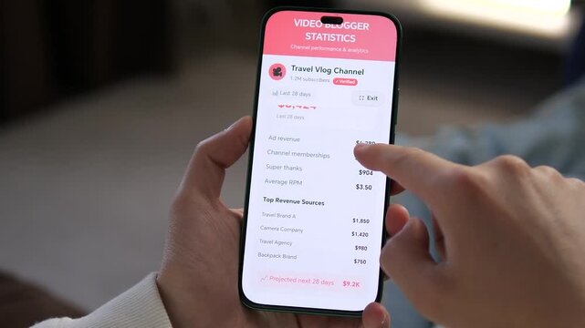 Travel vlogger analyzes monthly income sources on a smartphone. Features revenue breakdown and future projections. A must-have for videos about digital nomads, entrepreneurship, and social media