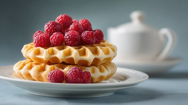 Deliciously stacked waffles topped with fresh raspberries on a beautiful plate, perfect for breakfast or brunch moments, showcasing vibrant colors and textures