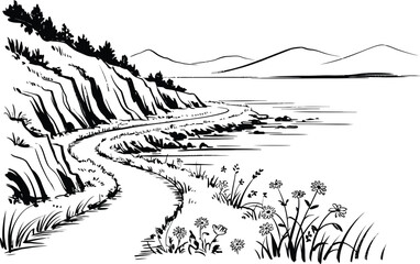 Obraz premium Coastal cliff road ink sketch vector illustration, scenic seaside mountain route with winding highway