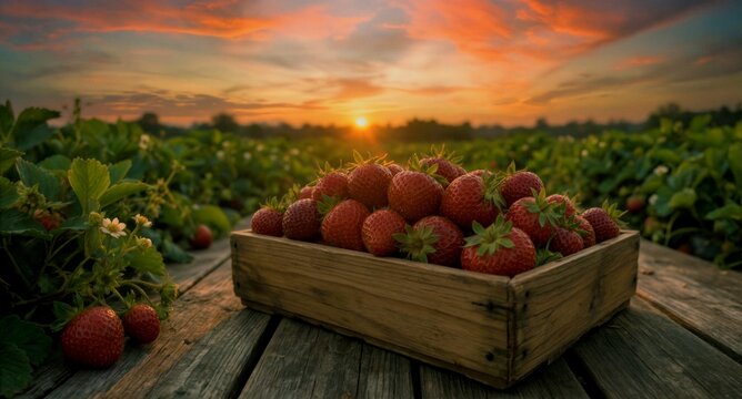 Fresh ripe strawberries in a wooden crate at sunset in a field