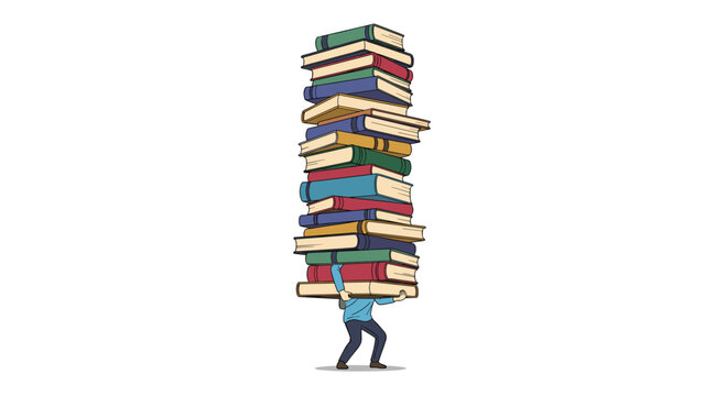 A lone individual struggles to carry an extremely tall, precarious stack of multicolored books overhead against a clean white background.