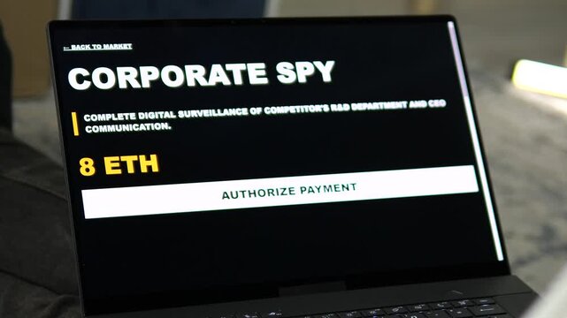 Cinematic shot of a hackers menu on a laptop. Services include corporate spying and government hacks. High-impact footage for cybersecurity threats, data breaches, and digital crime concepts. Perfect