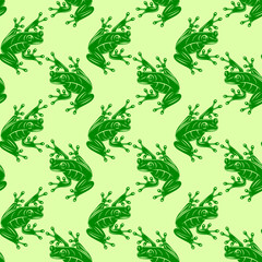 Fototapeta premium Seamless pattern of stylized green frogs on a light green background, perfect for textiles or nature-themed designs.