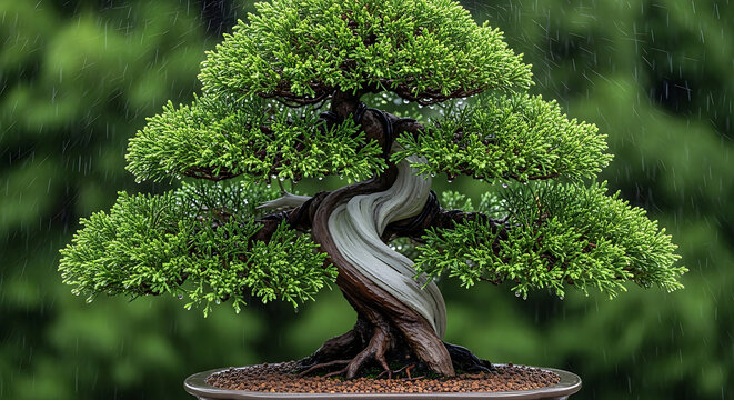 Beautiful Japanese Shimpaku Juniper Bonsai Tree with a Twisted Trunk and Shari Wood Detail Standing in Soft Rain Against a Lush Green Blurred Garden Background