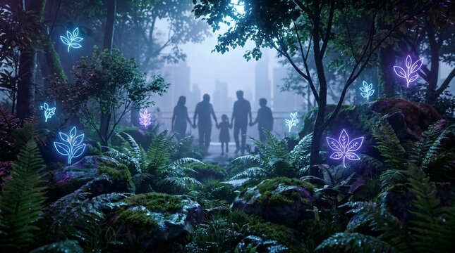 Urban pocket forest at dawn with floating botanical symbols and community group for city reforestation concept