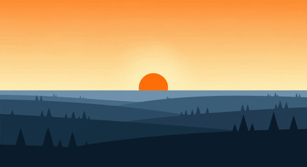 Obraz premium Minimalist flat vector landscape of a sunset over layered hills and forest